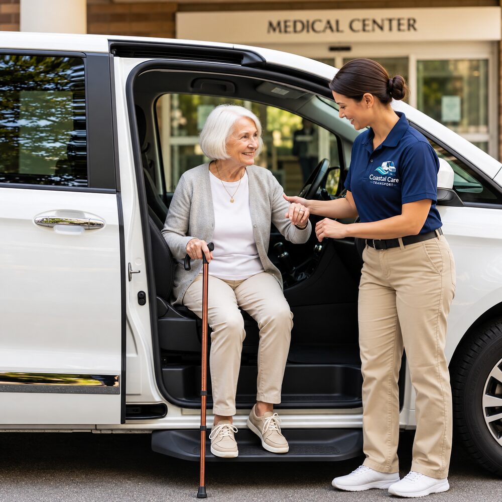 A Coastal Care Transport driver helping a senior with a cane out of the vehicle at a medical center