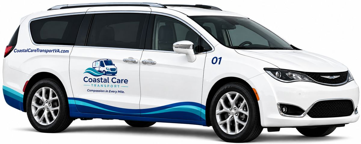 Coastal Care Transport white Chrysler Pacifica medical transportation vehicle